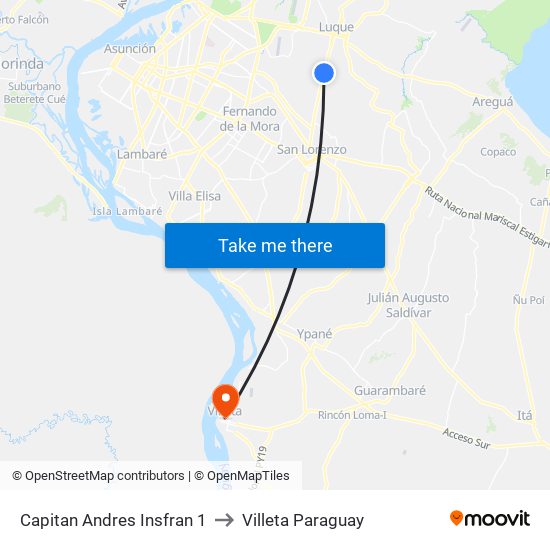 Capitan Andres Insfran 1 to Villeta Paraguay map