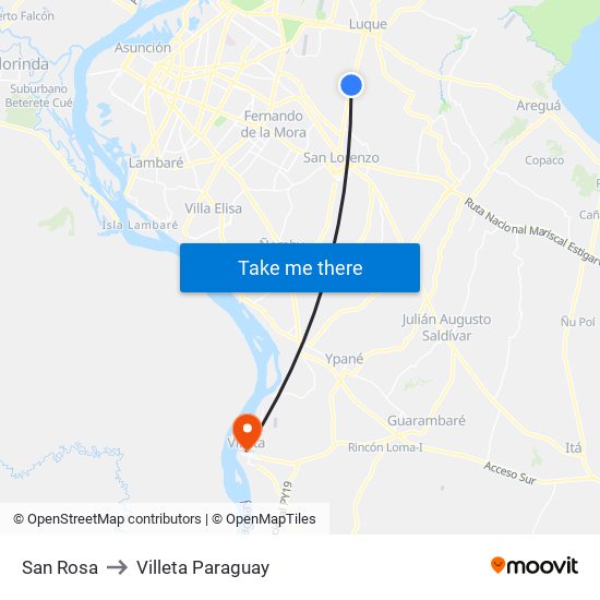 San Rosa to Villeta Paraguay map