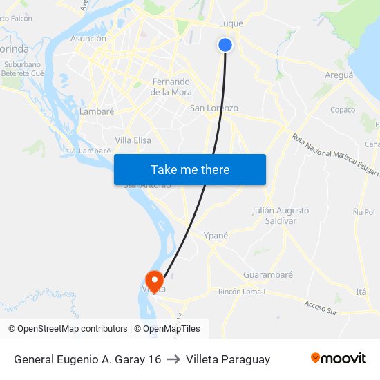 General Eugenio A. Garay 16 to Villeta Paraguay map