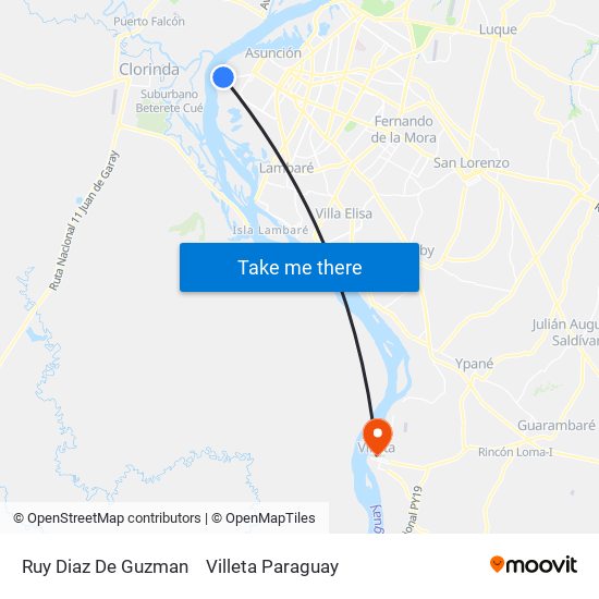 Ruy Diaz De Guzman to Villeta Paraguay map
