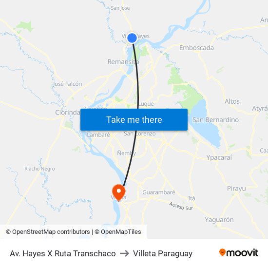 Av. Hayes X Ruta Transchaco to Villeta Paraguay map