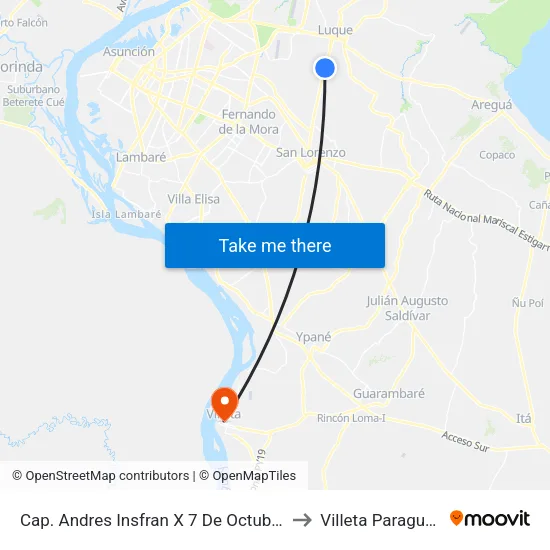 Cap. Andres Insfran X 7 De Octubre to Villeta Paraguay map