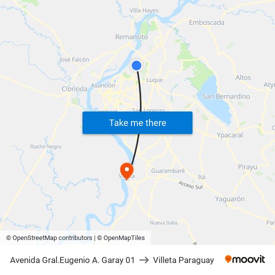 Avenida Gral.Eugenio A. Garay 01 to Villeta Paraguay map