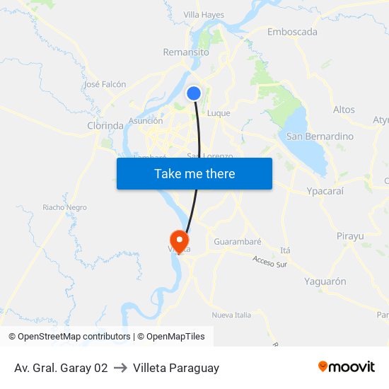 Av. Gral. Garay 02 to Villeta Paraguay map