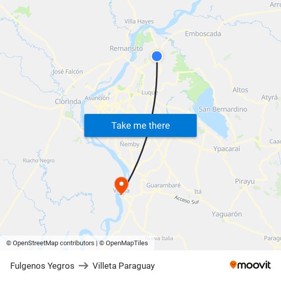 Fulgenos Yegros to Villeta Paraguay map