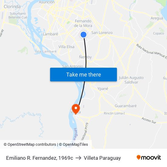 Emiliano R. Fernandez, 1969c to Villeta Paraguay map