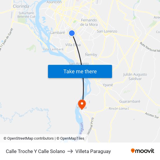 Calle Troche Y Calle Solano to Villeta Paraguay map