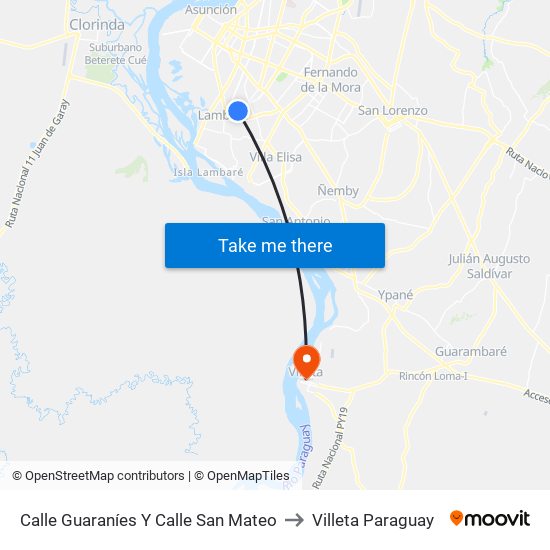 Calle Guaraníes Y Calle San Mateo to Villeta Paraguay map