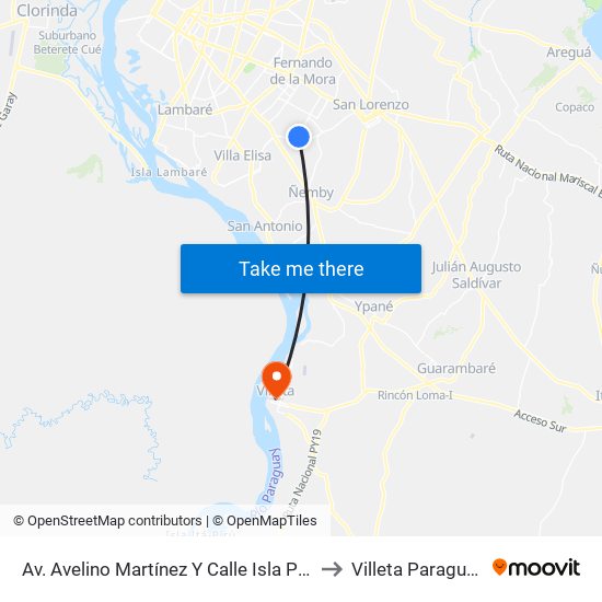 Av. Avelino Martínez Y Calle Isla Po'I to Villeta Paraguay map