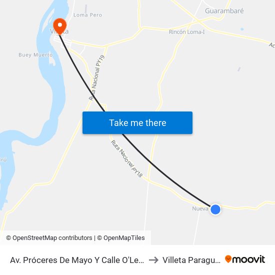Av. Próceres De Mayo Y Calle O'Leary to Villeta Paraguay map