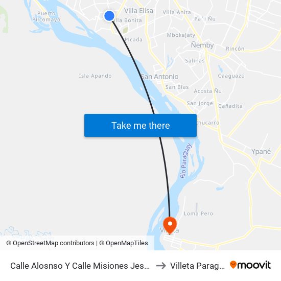 Calle Alosnso Y Calle Misiones Jesuiticas to Villeta Paraguay map