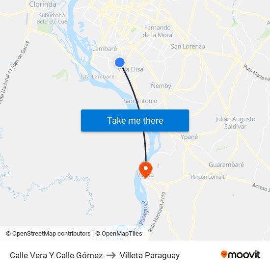Calle Vera Y Calle Gómez to Villeta Paraguay map