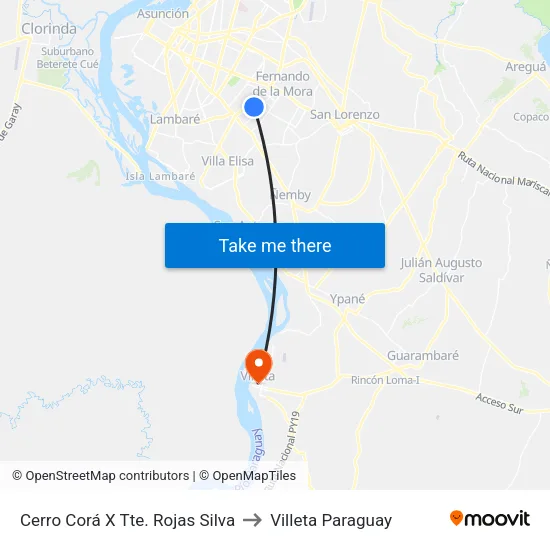 Cerro Corá X Tte. Rojas Silva to Villeta Paraguay map