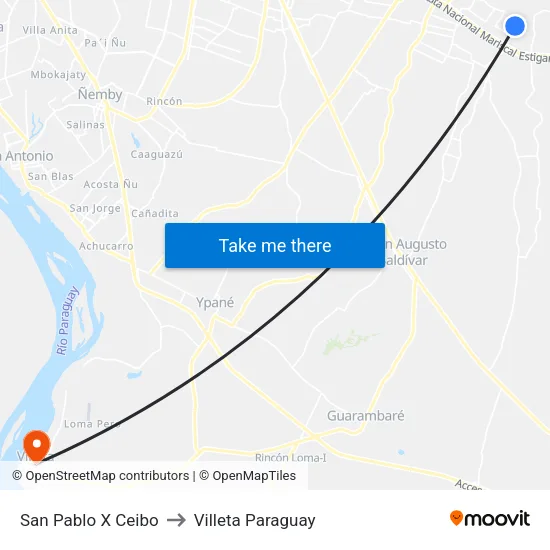 San Pablo X Ceibo to Villeta Paraguay map