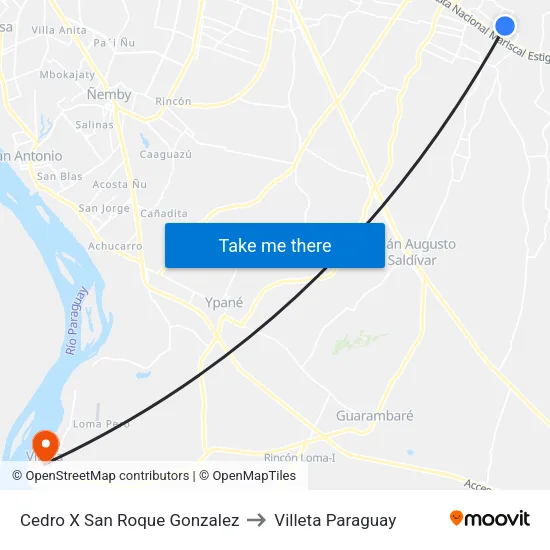 Cedro X San Roque Gonzalez to Villeta Paraguay map