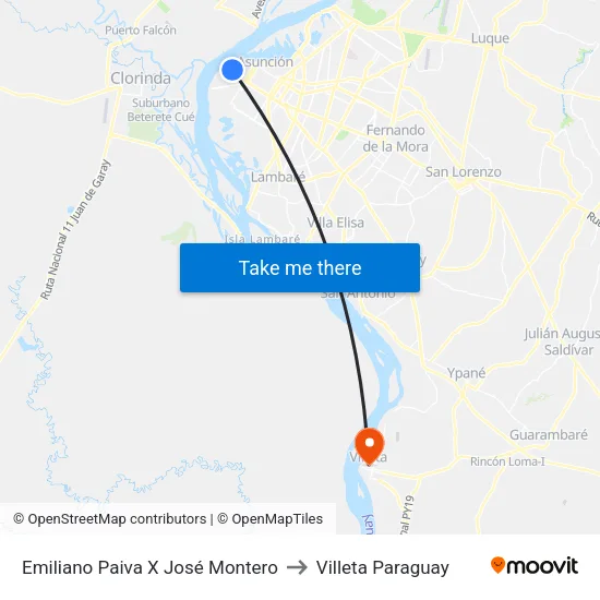 Emiliano Paiva X José Montero to Villeta Paraguay map