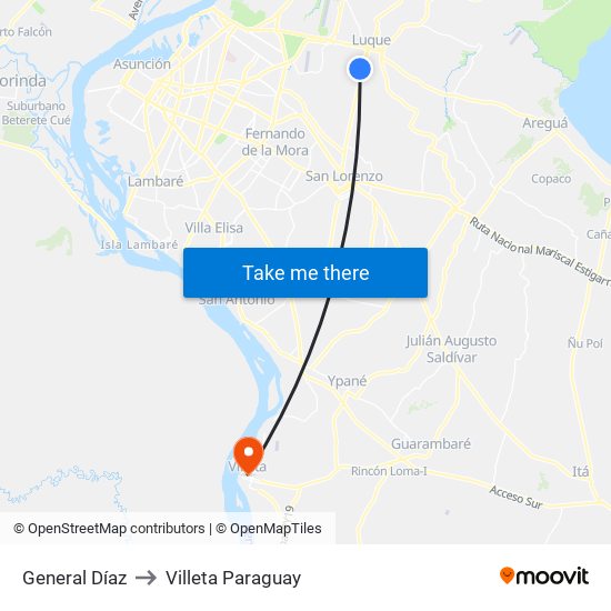 General Díaz to Villeta Paraguay map