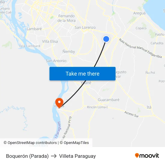Boquerón (Parada) to Villeta Paraguay map