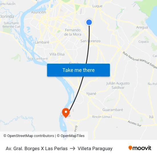 Av. Gral. Borges X Las Perlas to Villeta Paraguay map
