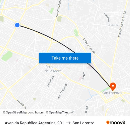 Avenida Republica Argentina, 201 to San Lorenzo map