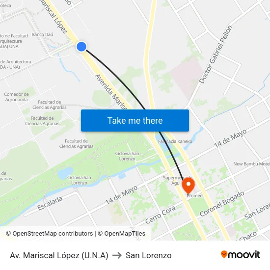 Av. Mariscal López (U.N.A) to San Lorenzo map