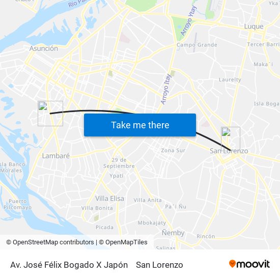 Av. José Félix Bogado X Japón to San Lorenzo map
