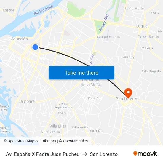 Av. España X Padre Juan Pucheu to San Lorenzo map