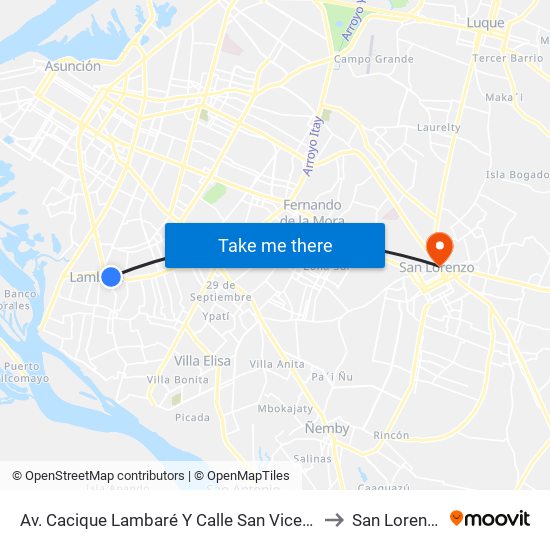 Av. Cacique Lambaré Y Calle San Vicente to San Lorenzo map