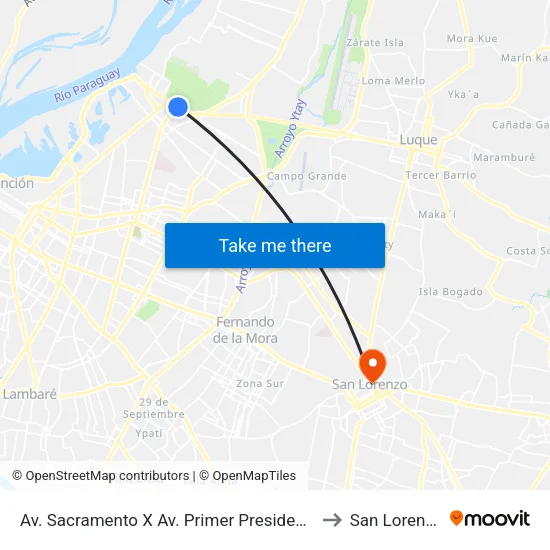 Av. Sacramento X Av. Primer Presidente to San Lorenzo map