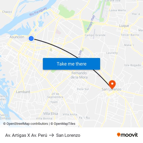 Av. Artigas X Av. Perú to San Lorenzo map