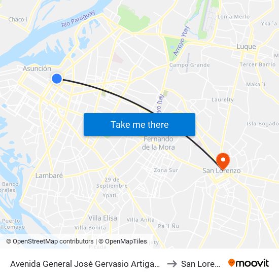 Avenida General José Gervasio Artigas, 334 to San Lorenzo map