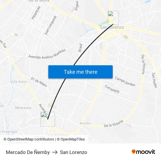 Mercado De Ñemby to San Lorenzo map