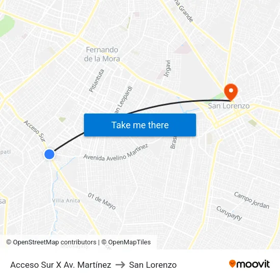 Acceso Sur X Av. Martínez to San Lorenzo map