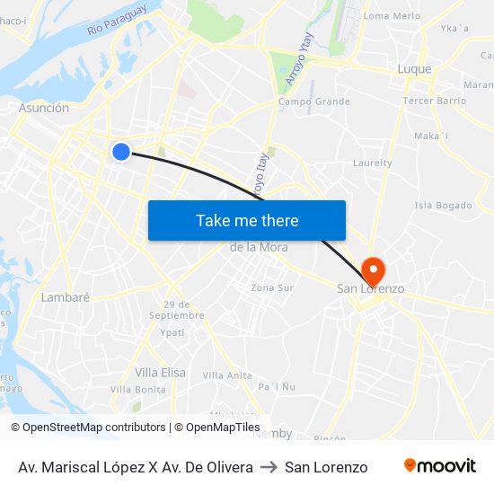 Av. Mariscal López X Av. De Olivera to San Lorenzo map