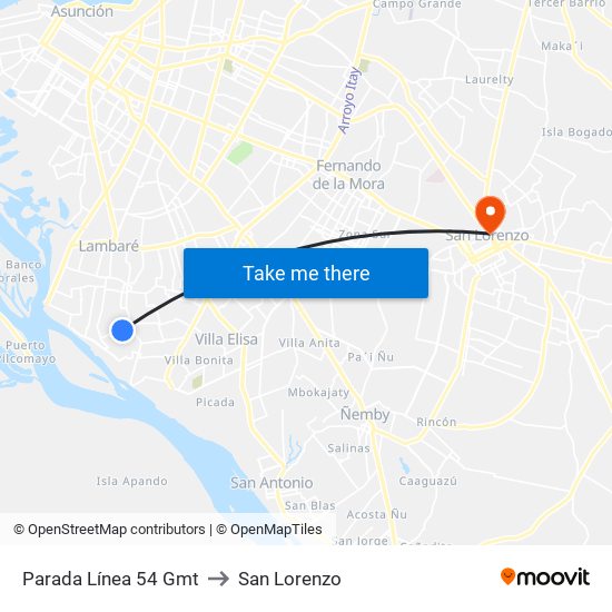 Parada Línea 54 Gmt to San Lorenzo map