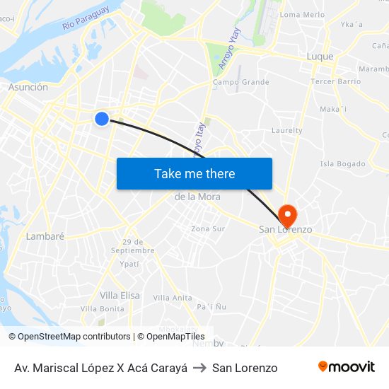 Av. Mariscal López X Acá Carayá to San Lorenzo map