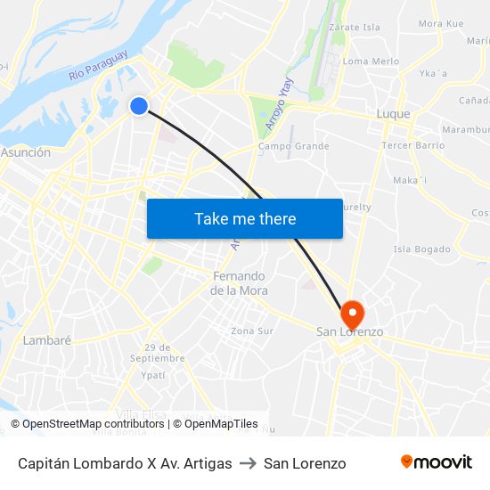 Capitán Lombardo X Av. Artigas to San Lorenzo map