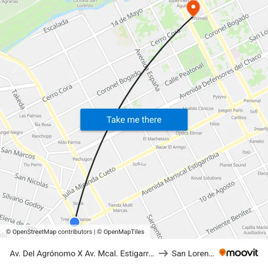 Av. Del Agrónomo X Av. Mcal. Estigarribia to San Lorenzo map