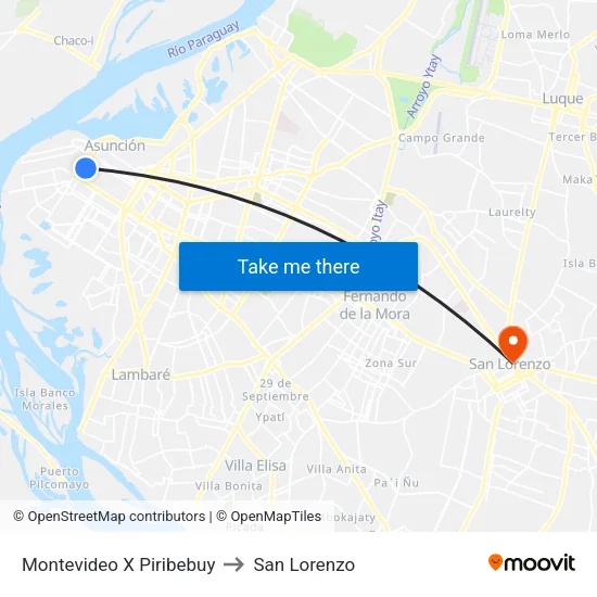 Montevideo X Piribebuy to San Lorenzo map