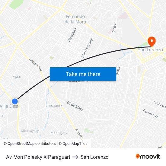 Av. Von Polesky X Paraguarí to San Lorenzo map