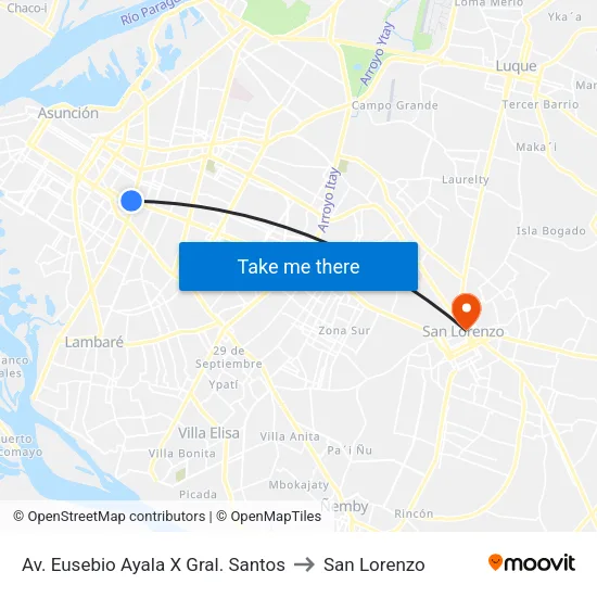 Av. Eusebio Ayala X Gral. Santos to San Lorenzo map