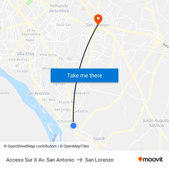 Acceso Sur X Av. San Antonio to San Lorenzo map