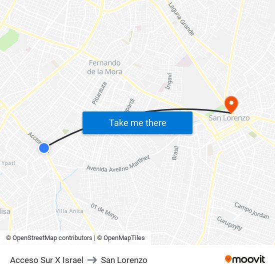 Acceso Sur X Israel to San Lorenzo map