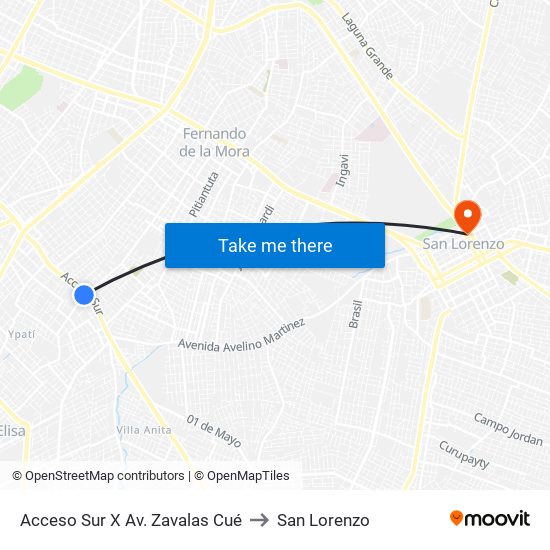 Acceso Sur X Av. Zavalas Cué to San Lorenzo map