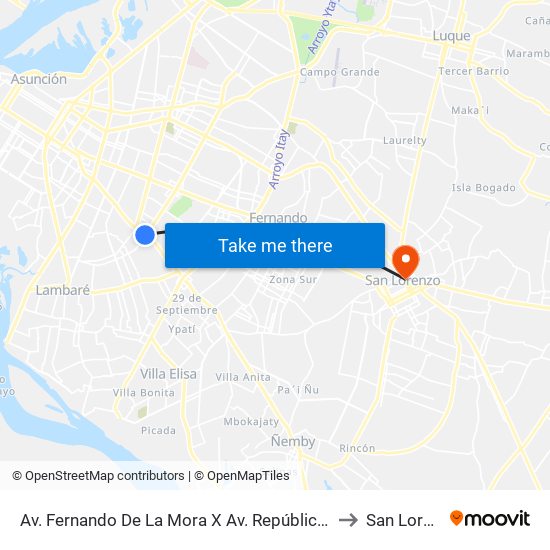 Av. Fernando De La Mora X Av. República Argentina to San Lorenzo map