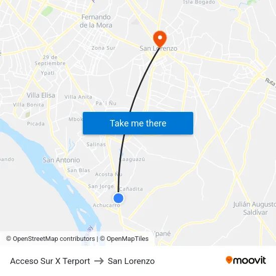 Acceso Sur X Terport to San Lorenzo map