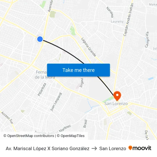 Av. Mariscal López X Soriano González to San Lorenzo map