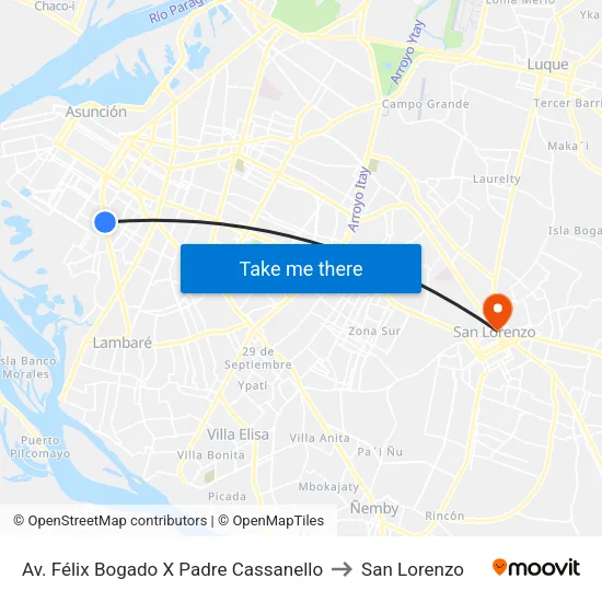 Av. Félix Bogado X Padre Cassanello to San Lorenzo map