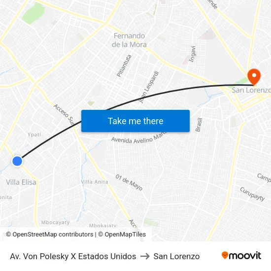 Av. Von Polesky X Estados Unidos to San Lorenzo map