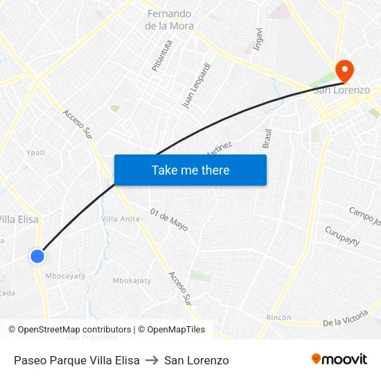 Paseo Parque Villa Elisa to San Lorenzo map